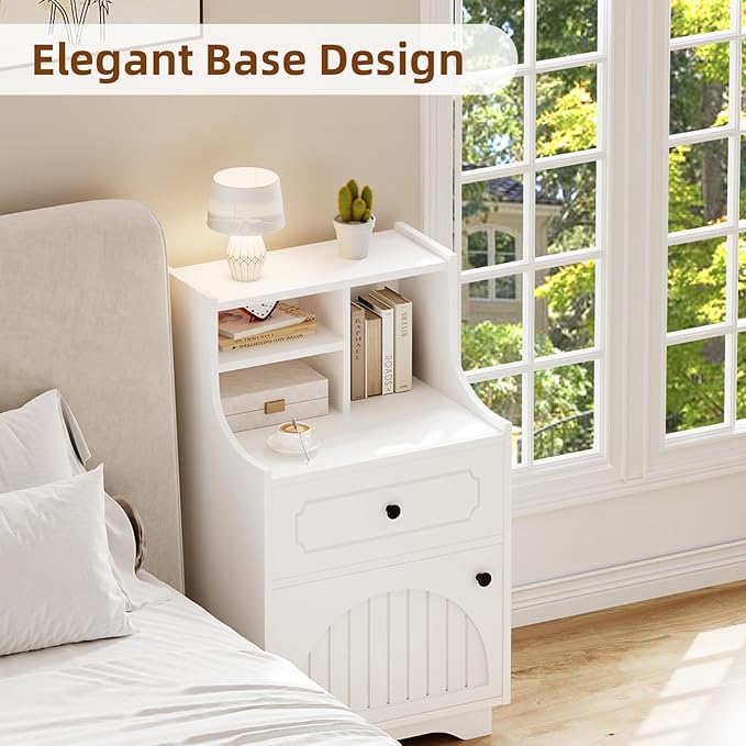 4ever2buy Modern Farmhouse Nightstand with Storage Hutch Engineered Wood Bedside Table with Drawer 30.31 inch Tall Night Stand End Table for Bedroom White