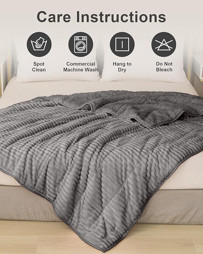 Sherpa Fleece Adult Weighted Blanket with Ribbed Stripes, 15 Pounds Dual Sided Soft Plush Blanket for Couch Bed Sofa, Heavy Thick Blankets with Ceramic Beads Great for Sleep, Grey, 48" x 72"