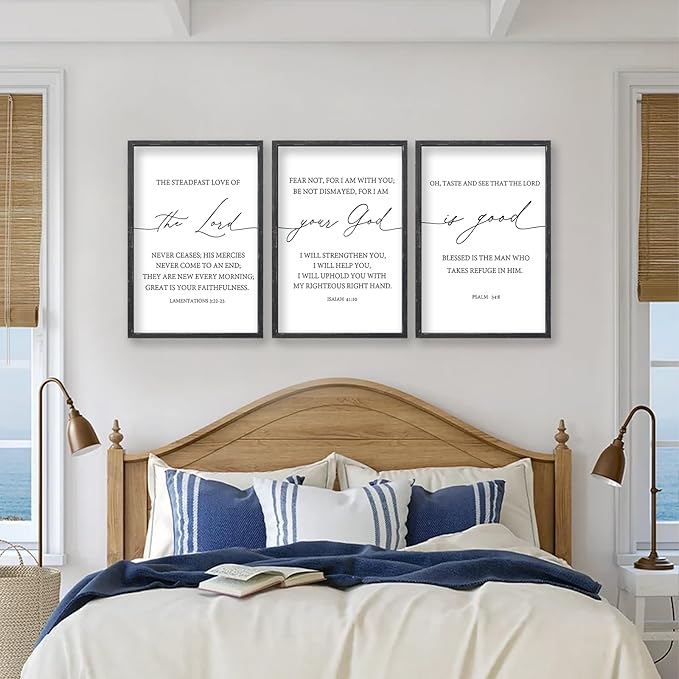 The Lord Your God Is Good Bible Verses Wall Art Decor Set of 3 24"x16" Bedroom Above Bed Inspirational Christian Scripture Wood Framed Sign Rustic Home Living Room Office Wall Hang (Black)