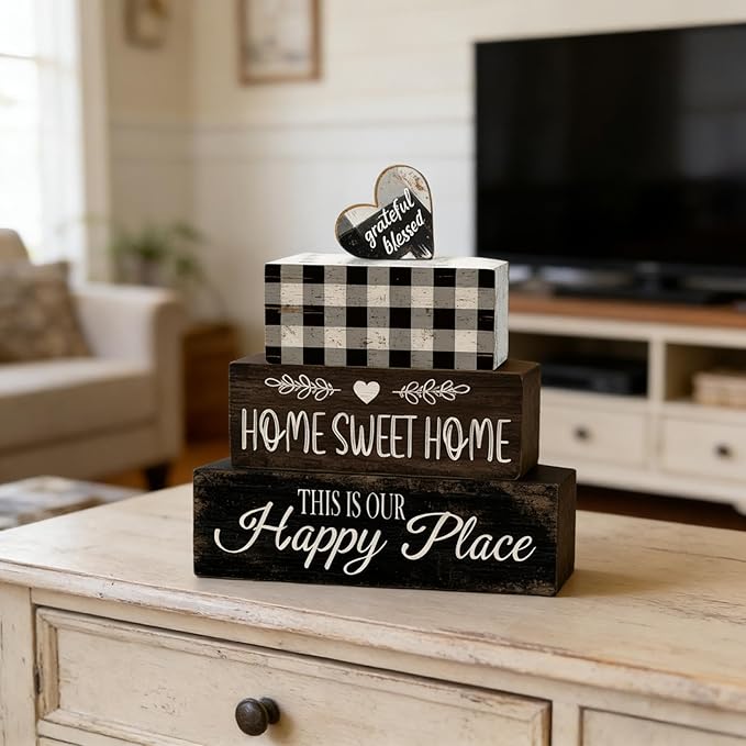 4 Pcs Farmhouse Kitchen Table Decoration Black and White Wooden Tiered Tray Decor Home Sweet Home Table Centerpiece Rustic Decorative Block Sign for Kitchen Dining Room Tabletop Desk Shelf