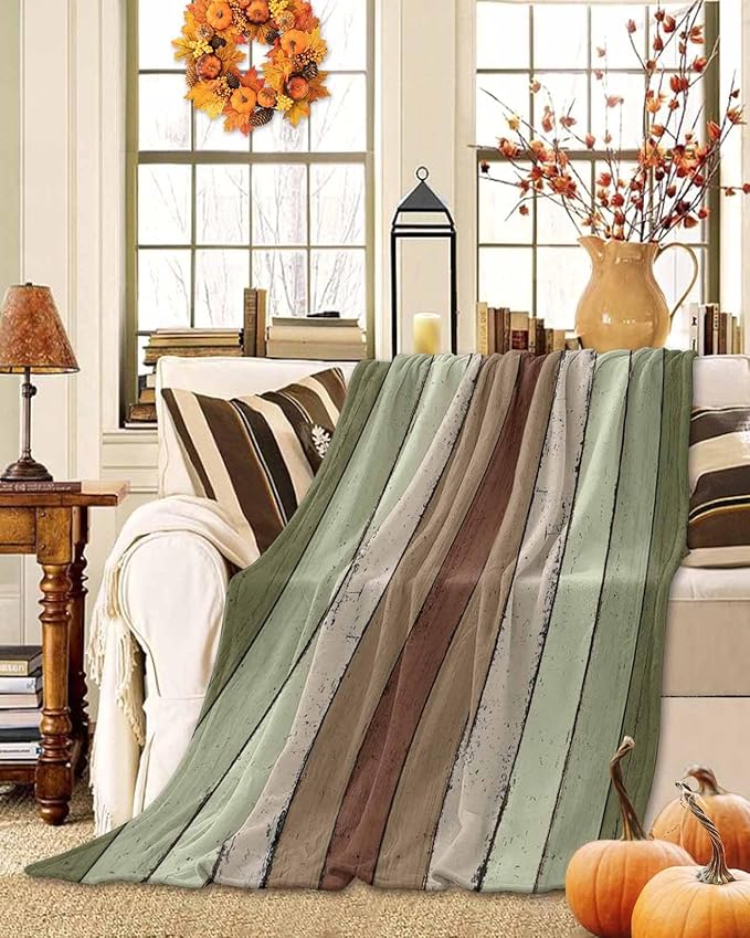 Farmhouse Sage Green Brown Throw Blanket, Soft Fluffy Fuzzy Blankets & Throws for Bed/Couch, Vintage Country Wooden Lightweight Warm Blankets for Women Christmas Decor 40"x60"