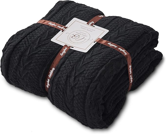Longhui bedding Black 50 x 63 Inches Acrylic Cable Knit Sherpa Throw Blanket - Thick, Soft, Big, Cozy Knitted Fleece Blankets for Couch, Sofa, Bed - Large Coverlet All Season