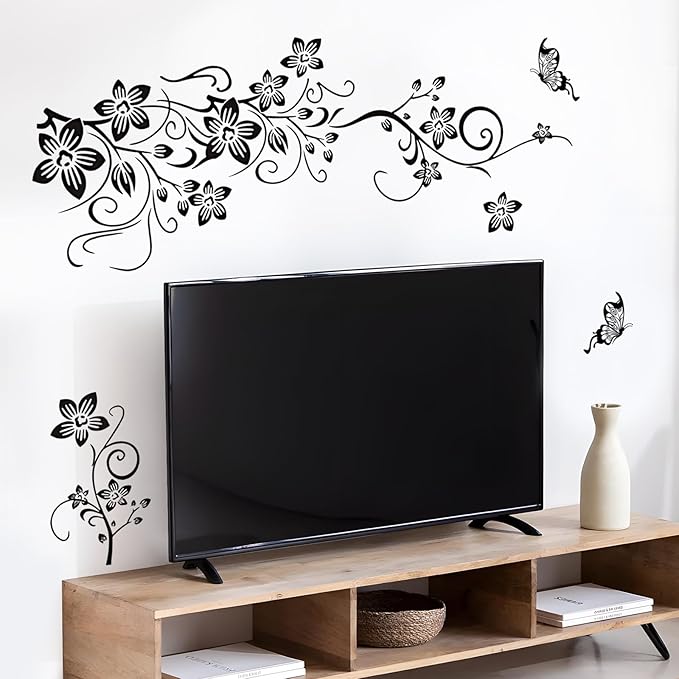 Supzone Flowers Vine Decals Black Flowers Butterfly Wall Decor Removable Vinyl DIY Home Art Stickers for Bedroom Living Room Sofa Backdrop TV Wall Decoration