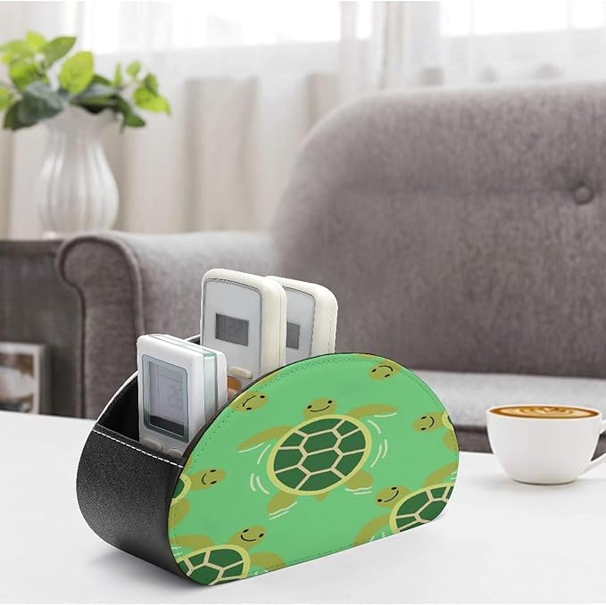 Green Turtles Remote Control Holder Organizer Box with 5 Compartment PU Leather Bedside Storage Caddy Remote Organizer for Controller Media Player Pen/Pencil Storage