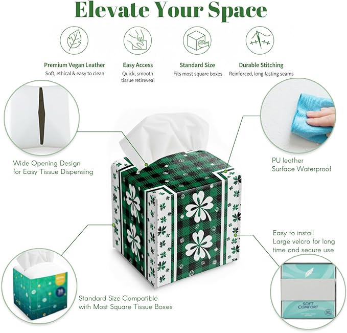 St.Patrick's Day Napkin Tissue Box Cover, Clover Buffalo Plaid Shamrock Waterproof Leather Paper Organizer Dispenser for Table Dining, Bathroom, Nightstand Vanity, Car, Housewarming Gift Ideas, B