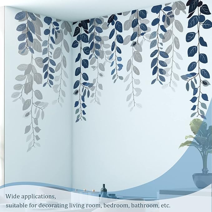 Blue Hanging String of Eucalyptus Wall Decals Peel and Stick, Large Plants Vinyl Wall Stickers, Removable Vine Home Decor Art for Bedroom Living Room Classroom Office
