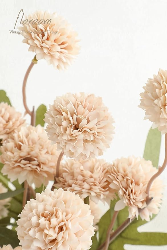 Floroom 5pcs Beige Faux Silk Mums Artificial Flowers, Bulk Fake Small Mini Chrysanthemums with Stems for DIY Champagne Wedding Centerpieces Floral Arrangements Vase Fillers Home Decorations