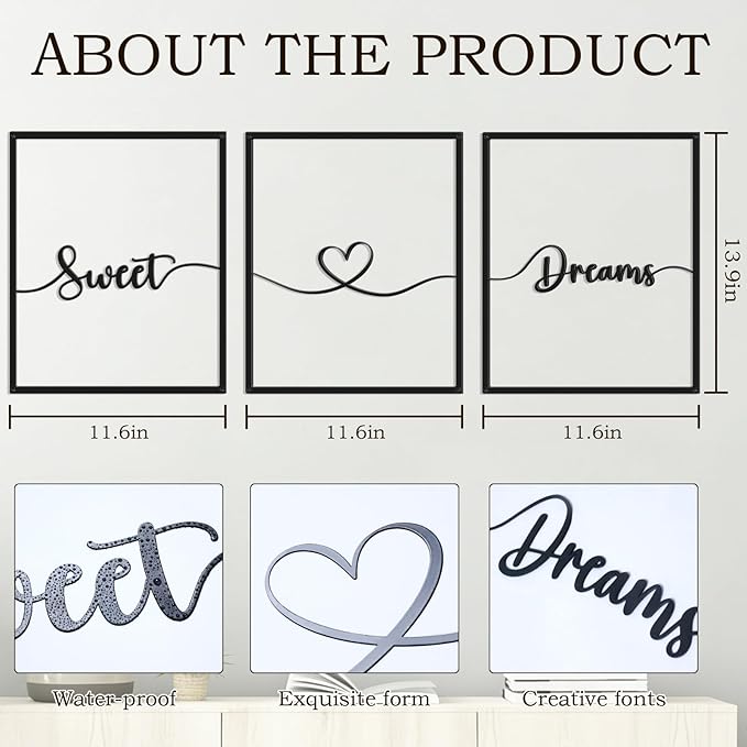 Bnesi Large 3 PCS Bedroom Wall Decoration Sweet Dream Metal Sign Bedroom Wall Decor Set Black And White Wall Art for Bedroom Wall Decor Above Bed Unique Wall Art (Dream)