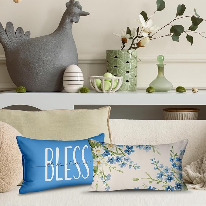 Spring Pillow Covers 12x20 Inch Set of 4 Home Sweet Home Daisy Floral Blue Throw Pillows Decorative Pillow Cases Summer Seasonal Farmhouse Decorations for Sofa Couch