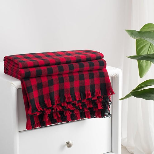 100% Cotton Throw Blanket Plaid Soft Lightweight Cozy Farmhouse Tassels Summer Thin Breathable Throws for Couch Sofa Bed (60" × 80" Red/Black)