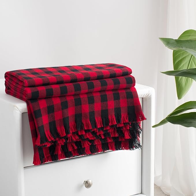 100% Cotton Throw Blanket Plaid Soft Lightweight Cozy Farmhouse Tassels Summer Thin Breathable Throws for Couch Sofa Bed (50" × 60" Red/Black)