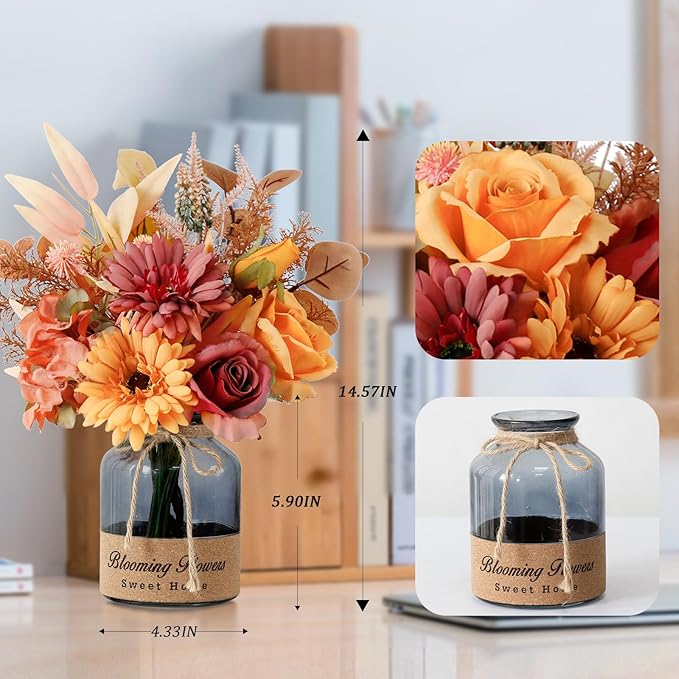 Leftover Fake Fall Flowers in Vase,Artificial Flowers with Vase,Centerpiece Table Decorations,Fall Centerpieces for Tables,Fall Kitchen Decor,Fall Flower Arrangements,Home Decor Living Room