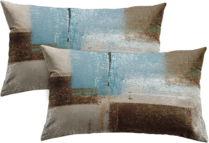 Britimes Throw Pillow Covers Modern Home Art Decor, 12 x 20 Inches Set of 2 Pillow Cases Decorative, Abstract Oil Painting Pillowcases for Bedroom, Living Room, Beige Blue