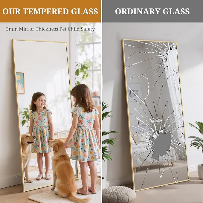 Full Length Mirror 68"x26" Full Body Mirror Rectangle Free Standing Wall Mounted Leaning Floor Mirrors with Stand Aluminum Alloy Frame for Bedroom Cloakroom, Gold