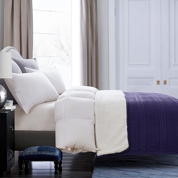 Longhui bedding Acrylic Cable Knit Sherpa Throw Blanket - Thick, Soft, Big, Cozy Knitted Fleece Blankets for Couch, Sofa, Bed - Large 60 x 80 Inches Coverlet All Season,Purple