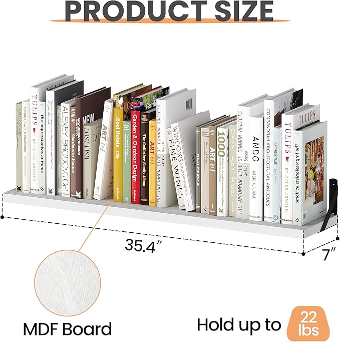 upsimples 35.4 Inches Floating Book Shelves for Wall, Long Floating Wood Shelves for Living Room, Library, Bedroom, Office Organizer and Storage, White