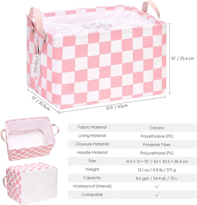Hinwo Large Canvas Fabric Storage Basket with Handles, 33L/8.6-Gal Rectangle Bin, Collapsible Storage Box, Clothes, Toys, Blankets Organizer, 16.5 x 12 x 10 Inches (L, Pink Checkerboard)