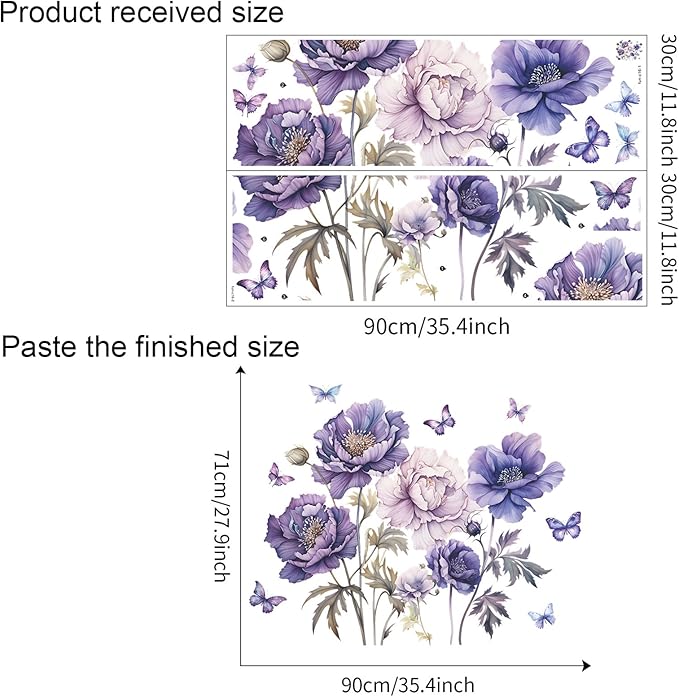 TUOKING Purple Flowers Wall Stickers Removable Butterfly Wall Murals Peel and Stick Wall Art Decal Home Decor for Kitchen,Bedroom,Living Room(fun-c16)