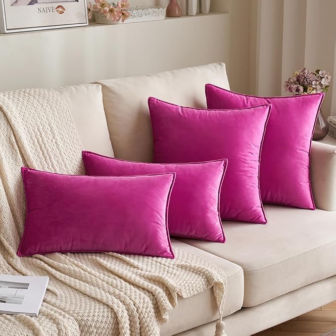 MIULEE Hot Pink Velvet Throw Pillow Covers 26x26 Soft Decorative Solid Square Euro Sham Cushion Cases Pack of 2 Modern Luxury Home Decor for Couch, Sofa, Bedroom