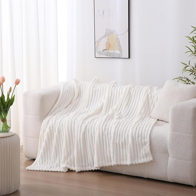 Cream White Fleece Throw Blanket 108”×90” for Couch Sofa Bed,Super Soft Cozy Plush Microfiber Flannel Blanket with Stripes Design Lightweight for Adults,Woman,Girls