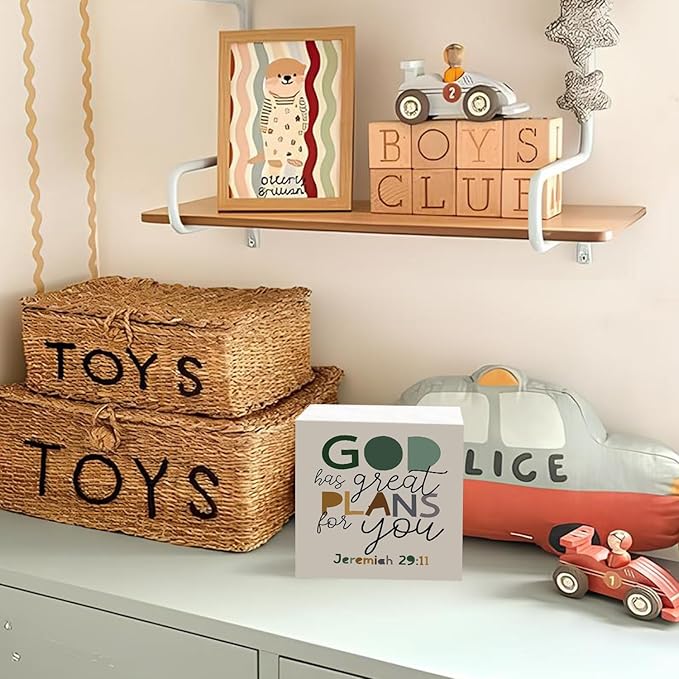 Lacama Christian Nursery Wooden Box Sign, Boho Bible Verse Decorations Wood Block Signs, God Has Great Plans for You Christian Wood Sign for Boys Room Bedroom Desk Shelf Wall Decor 5x5 Inches