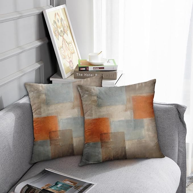 Britimes Throw Pillow Covers Modern Home Art Decor, 18 x 18 Inches Set of 2 Pillow Cases Decorative, Abstract Oil Painting Pillowcases for Bedroom, Living Room, Grey Burnt Orange