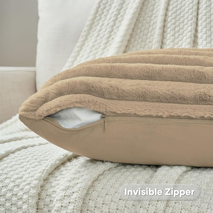 FUTEI Khaki Decorative Throw Pillow Covers Set of 2, 12x20 Inch Soft Fluffy Faux Fur Plush Striped Lumbar Pillowcases, Modern Home Decor for Couch Bed Living Room
