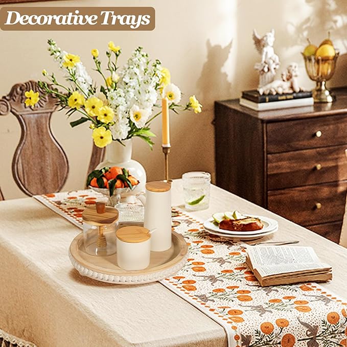 Decorative Coffee Table Tray, Round Wooden Tray Decor Log Beaded Distressed Rustic Farmhouse Centerpiece for Living Room Entryway Kitchen Counter Candle Holder Organizer