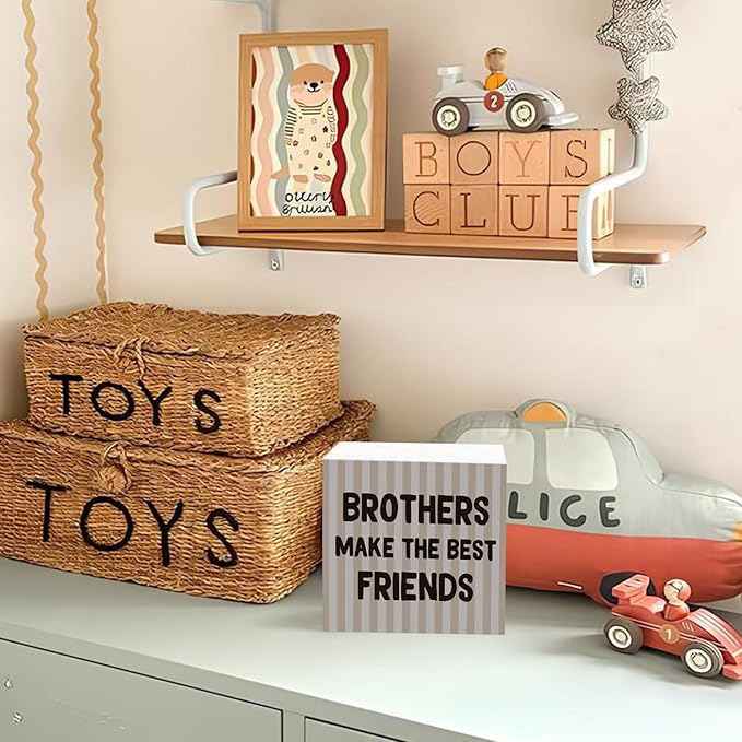 Lacama Boy Nursery Decor Wooden Box Sign, Brothers Make the Best Friends Decorations Wood Block Signs, Retro Neutral Striped Wood Sign for Toddler Boys Room Playroom Desk Shelf Wall Decor 5x5 Inches