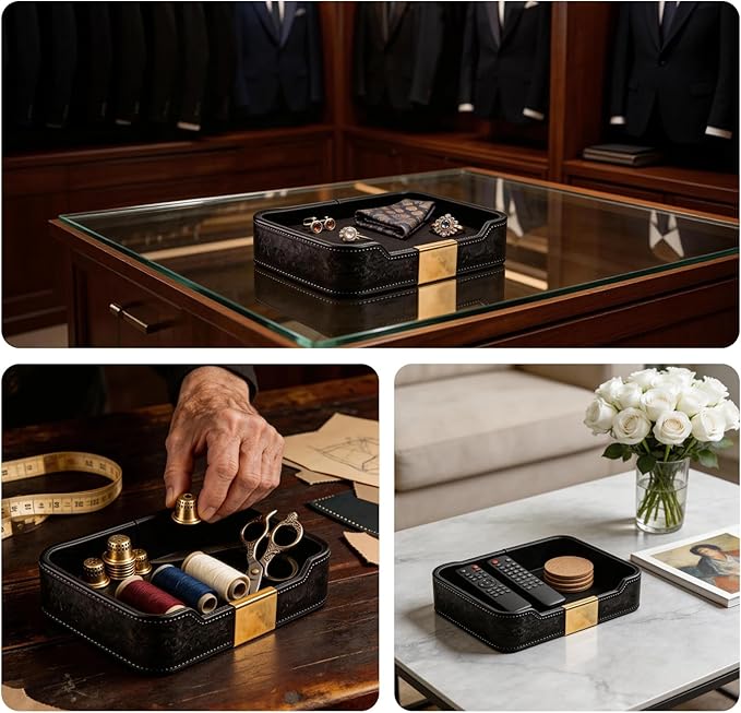 Black Leather Valet Tray - Multi-Use Nightstand Tray, Decorative Tray for Jewelry, Perfume, and Accessories Storage (Black)