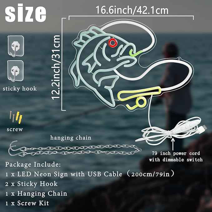 Fishing Neon Sign for Wall Decor, Dimmable Fishing Hook Lights Neon, Fishing Themed LED Neon Light Sign for Fishing Lovers Fishing Gear Store Man Cave Yacht Party Coastal Kitchen Bedroom Boy Presents