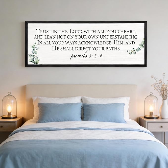 Trust in the Lord with All Your Heart Wall Art: 40"x15" Framed Bible Verse Wooden Sign, Proverbs 3:5–6 Christian Wall Decor, Large Rustic Scripture Home Decor, Black