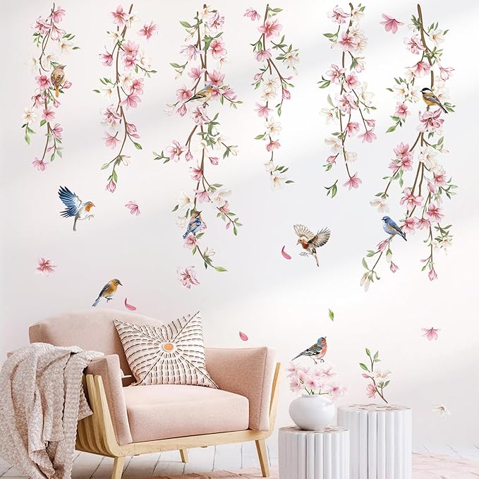 decalmile Hanging Flower Vine Wall Decals Pink Floral Leaves Birds Wall Stickers Bedroom Living Room Sofa TV Background Wall Decor
