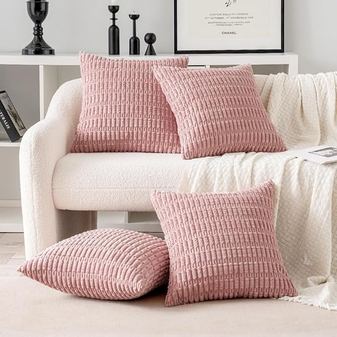 MIULEE Pack of 4 Blush Pink Corduroy Decorative Valentines Throw Pillow Covers 18x18 Inch Soft Spring Boho Striped Pillow Covers Modern Farmhouse Home Decor for Sofa Living Room Couch Bed
