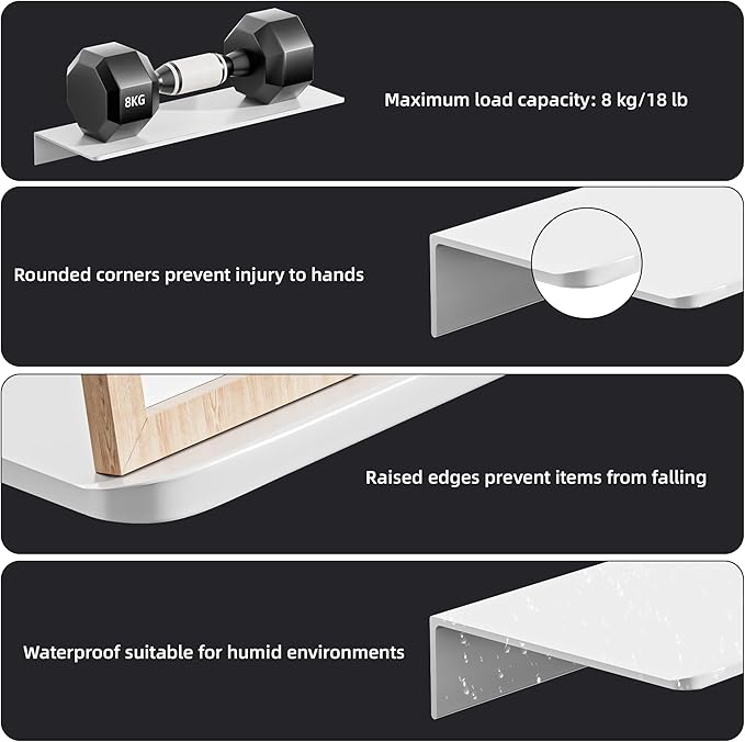 2-Piece Glossy White Metal Floating Shelves - Aluminum Alloy Wall Mounted Shelf No Drilling, Rust-Proof, 15.7" Width for Home Decor & Storage in Living Room, Bedroom, Bathroom