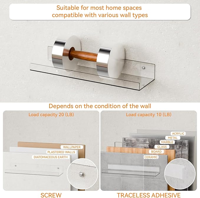 2 Pack Clear Acrylic Shelves for Wall with Adhesive,15 Inch No Drill Floating Shelves for Bathroom,Bedroom,Renter Friendly,Kids Room Bookshelf,Wall Display Shelf for Lego,Funko Pop,Figurine,Perfume