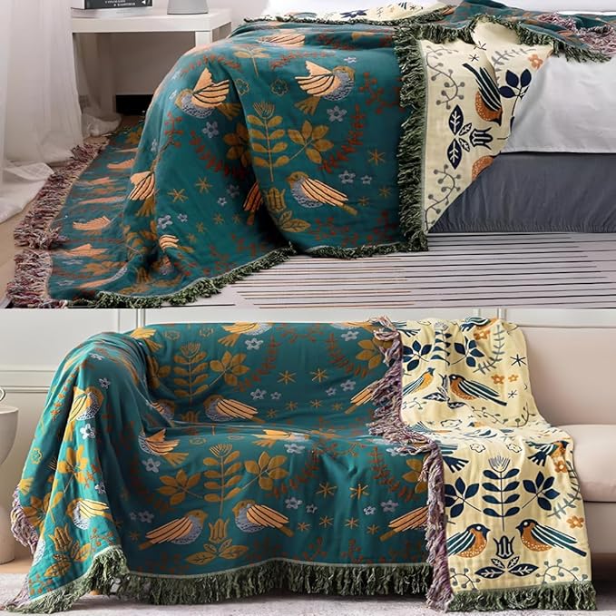Boho Blanket for Bed 100% Cotton Bohemian Throw Blankets Ultra Soft Woven Muslin Decorative Blankets All Seasons Vintage Quilt Knitted Blanket for Sofa Chair (Colorful, 80"x90")