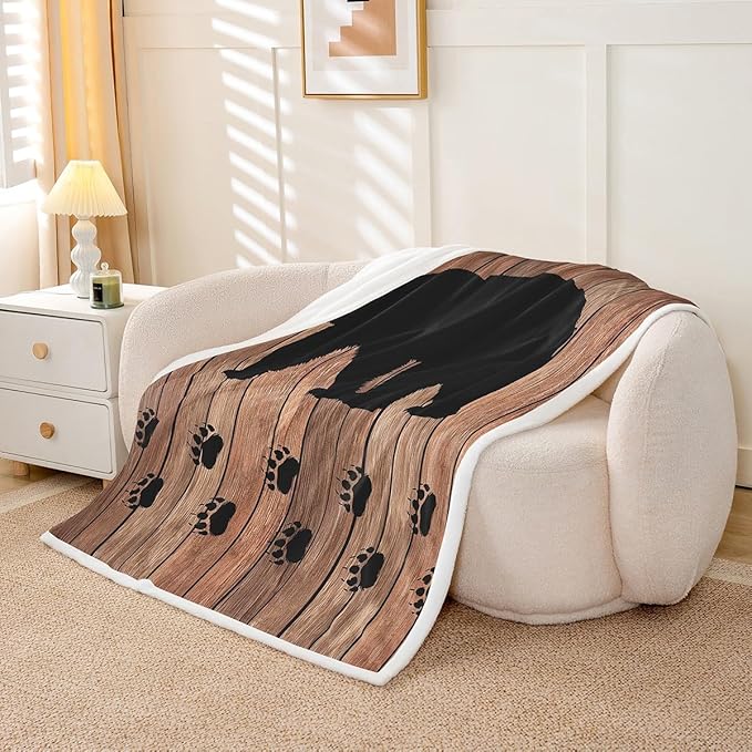 Black Bear Throw Blanket Queen 90"X90",Rustic Brown Farmhouse Wooden Board Fleece Bed Blanket Countryside Woodland Animal Lightweight Sherpa Blankets for Sofa Couch,Bear Paws Decor Warm Soft Cozy
