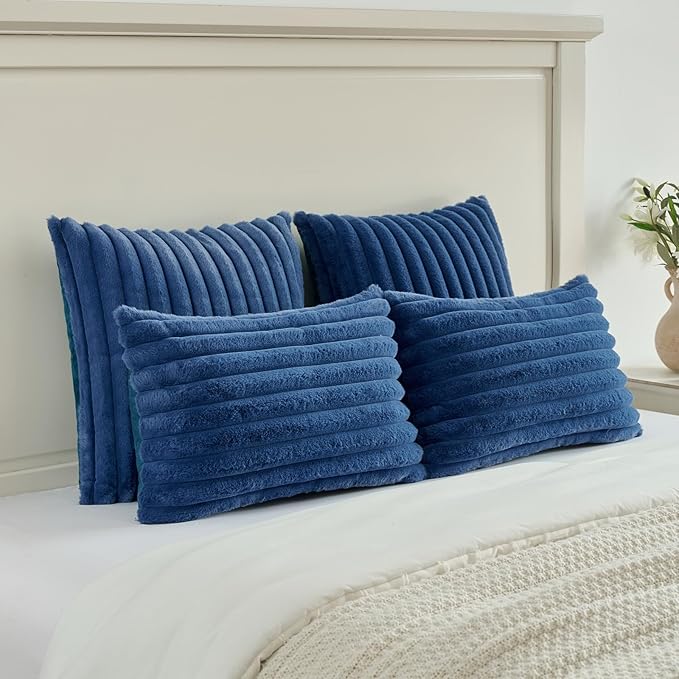 FUTEI Navy Blue Decorative Throw Pillow Covers Set of 2, 26x26 Inch Soft Fluffy Faux Fur Plush Striped Euro Pillow Shams, Modern Home Decor for Couch Bed Living Room
