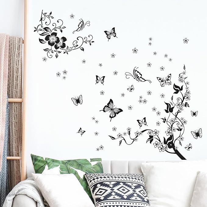 Supzone Flowers Vine Wall Decals - Black Flowers Stickers, Butterfly Decor, Removable Vinyl Art for Bedroom, Living Room, Office, Sofa Backdrop, TV, Home Decoration