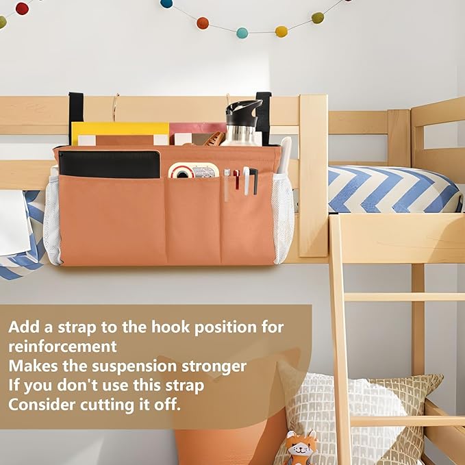 DOMIKING Orange Bedside Caddy for Dorm Bed Recliner Armrest Organizer with Hooks Haning Holders for Rails Headboards Bunk Bed