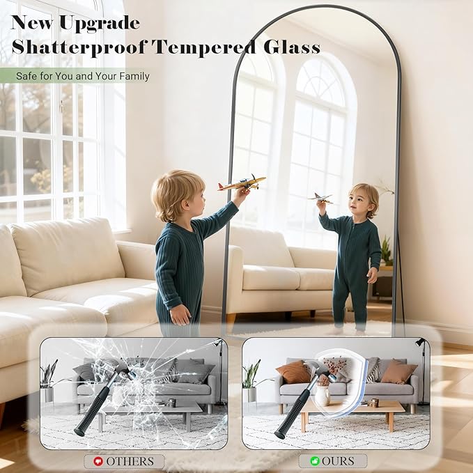 57" x 20" Arched Full Length Mirror - Wall Mounted/Floor Mirror Aluminum Alloy Frame Full Body Mirrors for Bathroom Living Room Bedroom and Entryway,Black