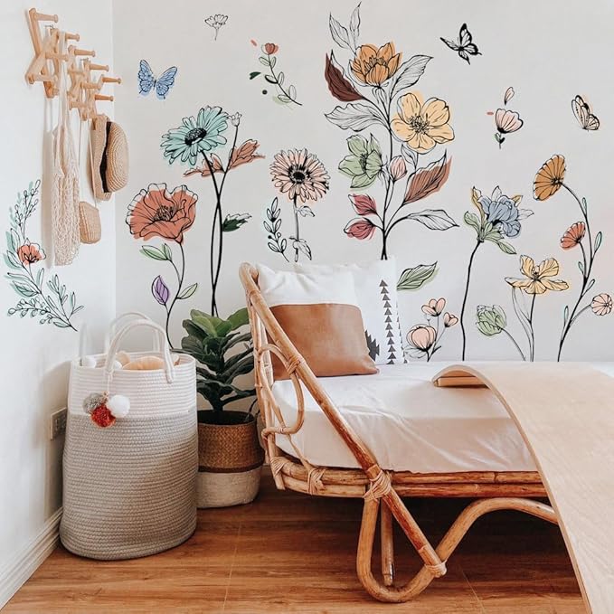Runtoo Boho Flower Wall Decals Simple Wildflower Floral Wall Stickers for Girls Bedroom Nursery Home Decor