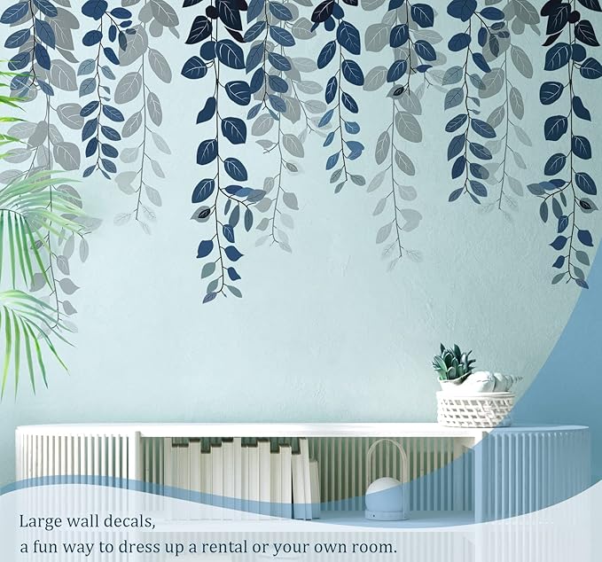 Blue Hanging String of Eucalyptus Wall Decals Peel and Stick, Large Plants Vinyl Wall Stickers, Removable Vine Home Decor Art for Bedroom Living Room Classroom Office
