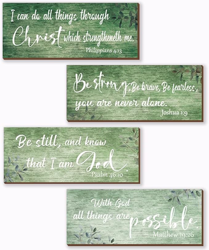 ZONWUTHY 4 Pieces Bible Verses Wall Decor Green Bathroom Decor Christian Signs Religious for Home Motivational Prayer Wall Art for Living Room Office Bedroom Bathroom(Green,10x4)