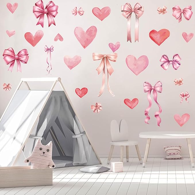 Pink Bow and Heart Wall Decals - 6 Sheets 82 Pcs Bow Knot Wall Stickers Watercolor Bow Heart Peel and Stick Wall Stickers for Girls Room Nursery Bedroom Valentine's Day Décor