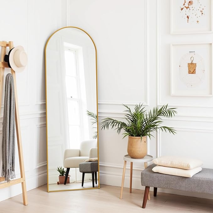 Full Length Mirror 59"x16" Full Body Mirror Arched Free Standing Wall Mounted Leaning Floor Mirrors with Stand Aluminum Alloy Frame for Bedroom Cloakroom, Matte Gold