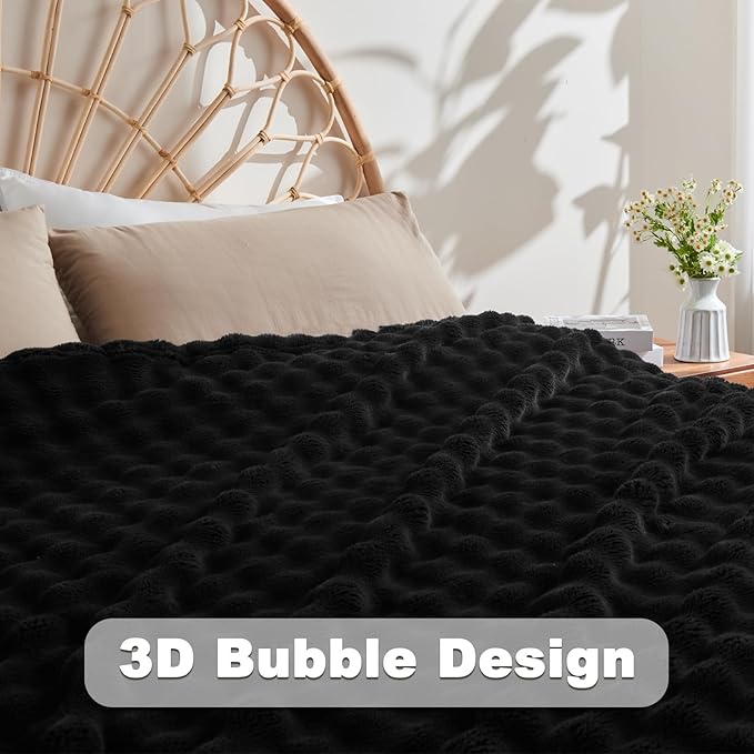 NEWCOSPLAY Throw Blanket for Couch Black Super Soft Flannel Fleece 3D Bubble Lightweight Bed Blanket All Season Use (Black, Throw(50"x60"))