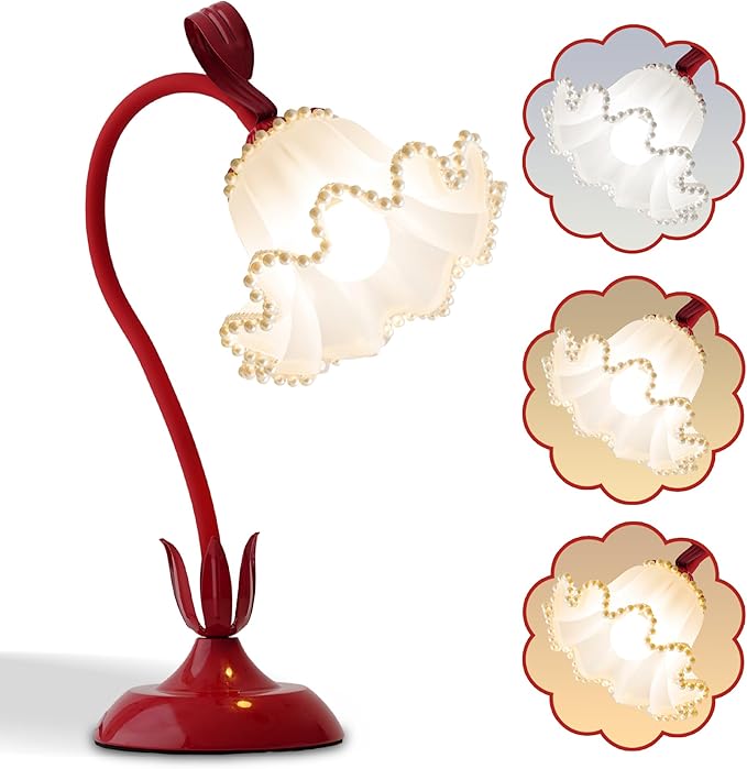 Flower Table Lamp,LED Reading Light Bedside Vintage Flower Night Light,3 Colors Modes Kawaii Bedside Lamps Decor,Living Room Bedroom Room Lighting Table Lamps Home Decoration (Red Pearls)