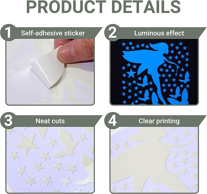 Glow in The Dark Fairy Wall Decals, Luminous Fairies Stars Wall Stickers for Ceiling, Peel and Stick Butterfly Decoration for Kids Room